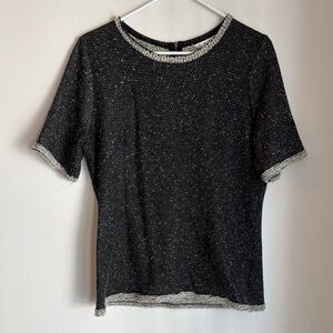 CAbi Black and White Textured tweed exposed zipper Short Sleeve Top career large